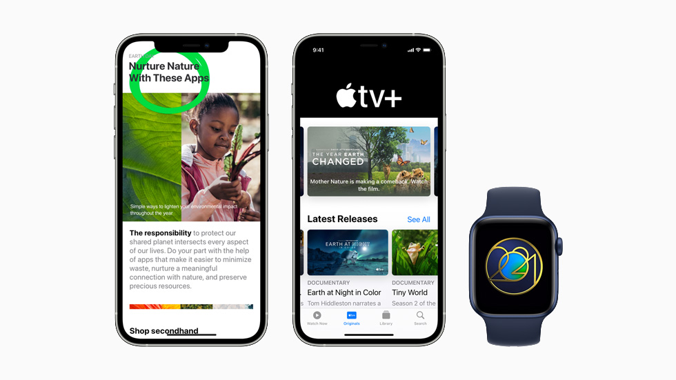 Apple’?n App Store, Apple TV+ ve Apple Fitness+’taki Dünya Günü programlar? iki iPhone 12 Pro modelinde ve Apple Watch Series 6’da g?steriliyor.