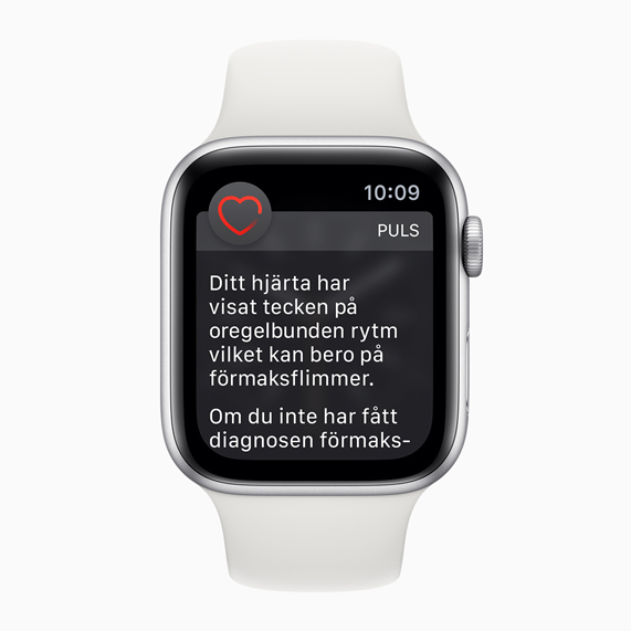 Apple Watch-urtavla med notis om oregelbunden hj?rtrytm.