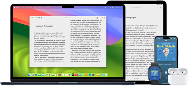 MacBook?Pro and iPad?Air display a page from the same ebook in the Books app. Apple?Watch and iPhone?15 screens display a book cover from the same audiobook. An AirPods?Pro case open to show both AirPods?Pro earbuds.