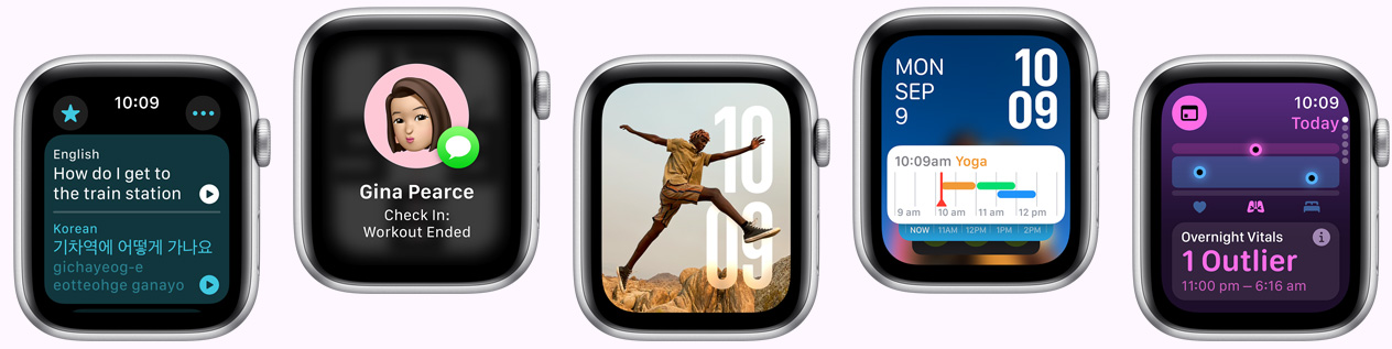Multiple Apple Watch devices showing various watch face options