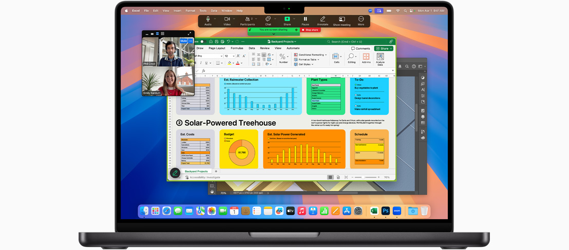 Un ecran de laptop Mac afi?eaz? un apel video ?i un proiect pe o foaie de calcul.