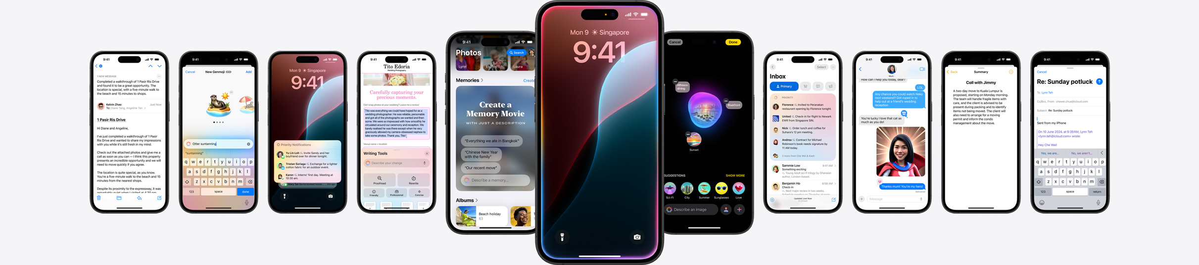 Static image of multiple iPhones showing Apple Intelligence features.