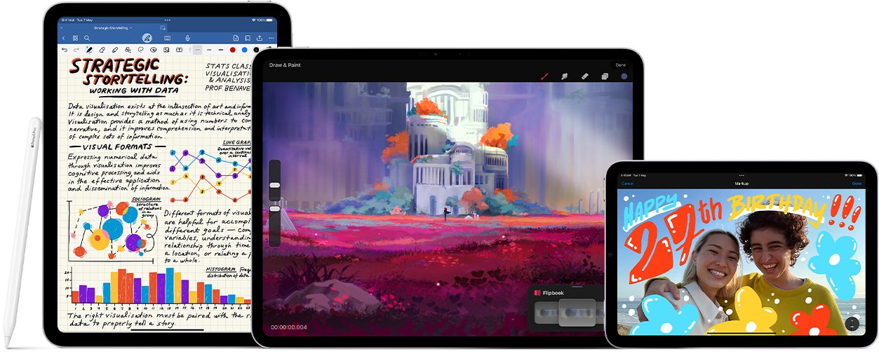 Animation of Apple Pencil Pro and Apple Pencil USB-C next to multiple iPad devices displaying examples of handwritten notes and colorful illustrations created with Apple Pencil.