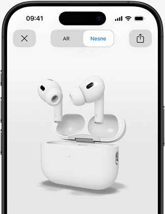iPhone ekran?nda AirPods Pro’nun art?r?lm?? ger?eklik ile olu?turulmu? bir g?rseli g?steriliyor.