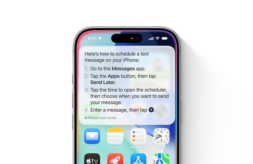 Bir k?sa mesaj?n daha sonra g?nderilmek üzere nas?l planlanaca??na dair ad?m ad?m y?nergelerle bir iPhone g?steriliyor