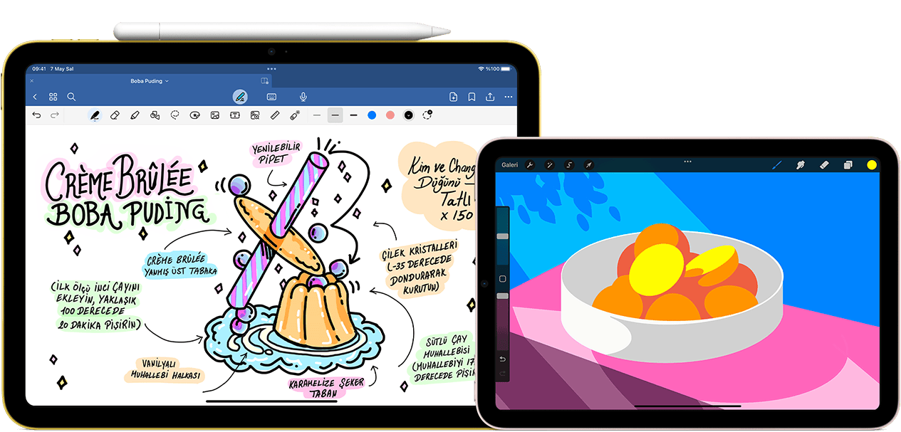 Solda dikey pozisyonda 10. nesil iPad, üstünde yap???k duran Apple?Pencil USB-C ile yap?lan bir ?izim ve notlar?n grafi?i g?rülüyor. Sa?da yatay pozisyonda iPad?mini, ProCreate ile yap?lm?? renkli bir illüstrasyon g?rülüyor.