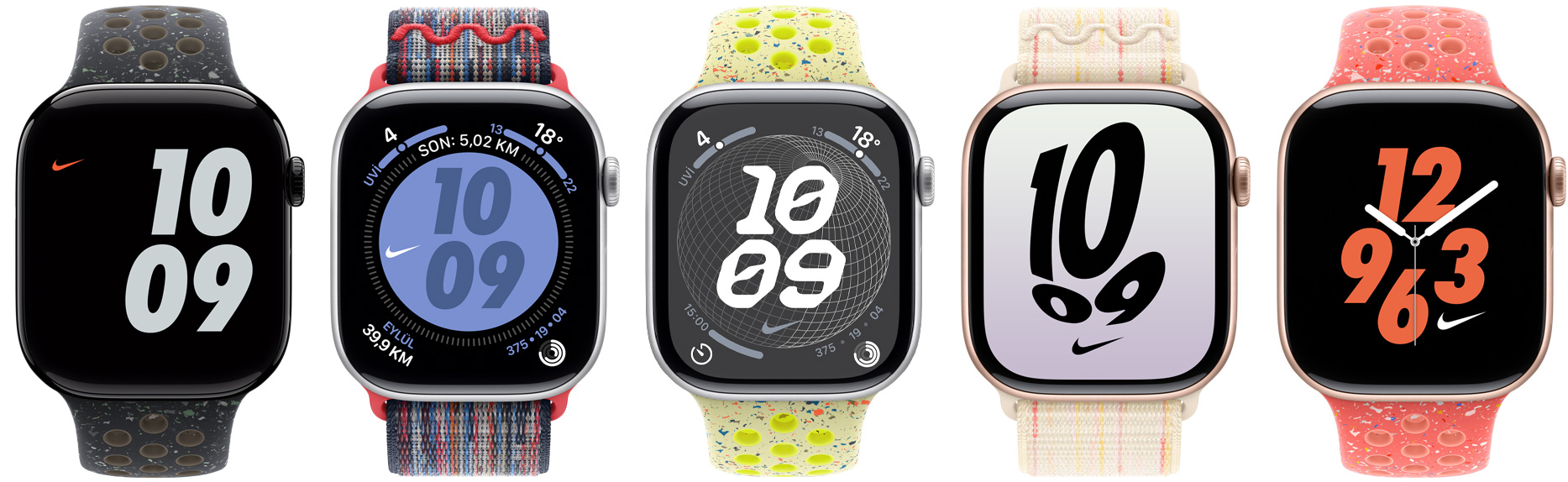 Five Apple?Watch devices attached to Nike Sport Bands and Nike Sport Loops, showing Nike watch faces configured in various colors