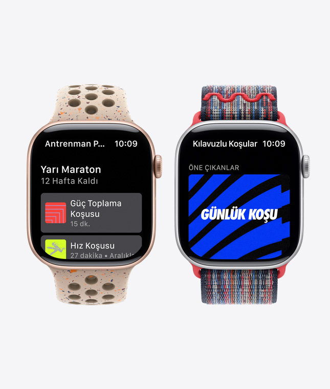 Two Apple?Watch devices showing Nike Run Club features including Training Plans and Guided Runs