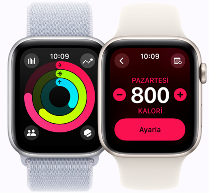 ?ki adet Apple?Watch SE ayg?t?n?n ekran?nda Aktivite halkas? ve kalori hedefleri g?steriliyor