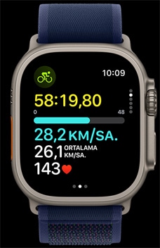 Apple?Watch Ultra 2 ekran?nda bir ki?inin bisiklet sürme h?z? g?steriliyor.