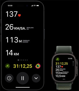 Hem Apple?Watch Ultra 2 hem de iPhone’daki Canl? Etkinlik ekran?nda bir ki?inin bisiklet ?l?ümleri g?steriliyor.