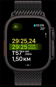 Apple?Watch Ultra 2’nin ekran?nda ?oklu spor ?zelli?inin bir par?as? olarak yüzme süresi, tempo ve mesafe g?steriliyor.