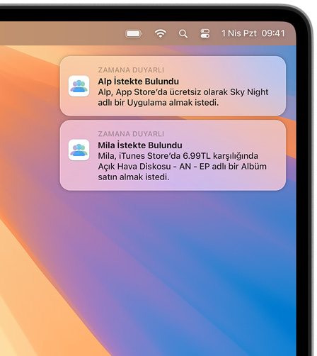 Mac ekran?n?n sa? üst k??esinde, her biri sat?n alma isteklerini g?steren iki macOS bildirimi, ilki App Store’dan Night Sky, ikincisi de iTunes Store’dan MUNA albümü i?in