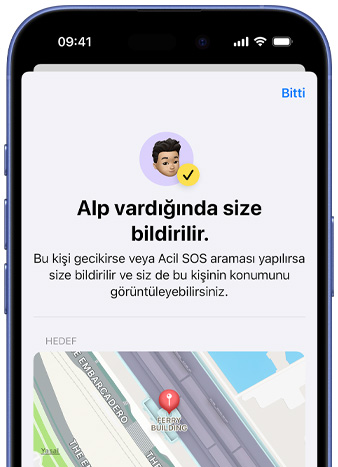 iPhone ekran?nda bir Bul bildiriminin ayarland???na dair bir onay g?rünüyor, metinde “Pedro geldi?inde bilgilendirileceksiniz” yaz?yor, sabitlenmi? konumun bulundu?u harita ekran?n alt k?sm?nda yer al?yor