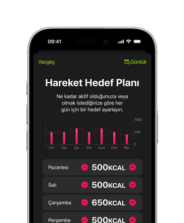 iPhone 16’n?n ?nden g?rünümü, Kullan?c? Arayüzünde Hareket Hedefi Plan? g?rülüyor
