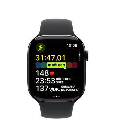 Siyah Spor Kordonlu Apple Watch Series 10’un ?nden g?rünümü, Kullan?c? Arayüzünde Antrenman, Ko?u (D??), Kalp At?? H?z? B?lgeleri g?rülüyor