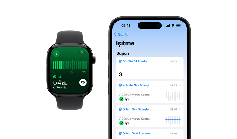 Siyah Spor kordonlu Apple Watch Series 10’un Kullan?c? Arayüzünde gürültü ?l?ümü g?rülüyor, yan?nda duran iPhone 16’n?n Kullan?c? Arayüzünde ise ??itme, Ortam Ses Düzeyleri ve Ortam yazd??? g?rülüyor