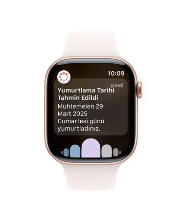 Beyaz Spor Kordonlu Apple Watch Series 10’un ?nden g?rünümü, Kullan?c? Arayüzünde Yumurtlama, D?ngü Ge?mi?i yaz?yor