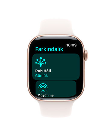 Beyaz Spor Kordonlu Apple Watch Series 10’un ?nden g?rünümü, Kullan?c? Arayüzünde Fark?ndal?k, Ruh Hali, Günlük yaz?yor