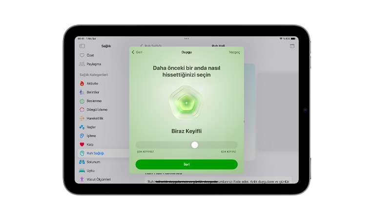 ?nden g?rünen iPad mini’nin Kullan?c? Arayüzünde Sa?l?k uygulamas?n?n Ruh Hali ?zelli?i i?in ayar ?ubu?u g?rülüyor