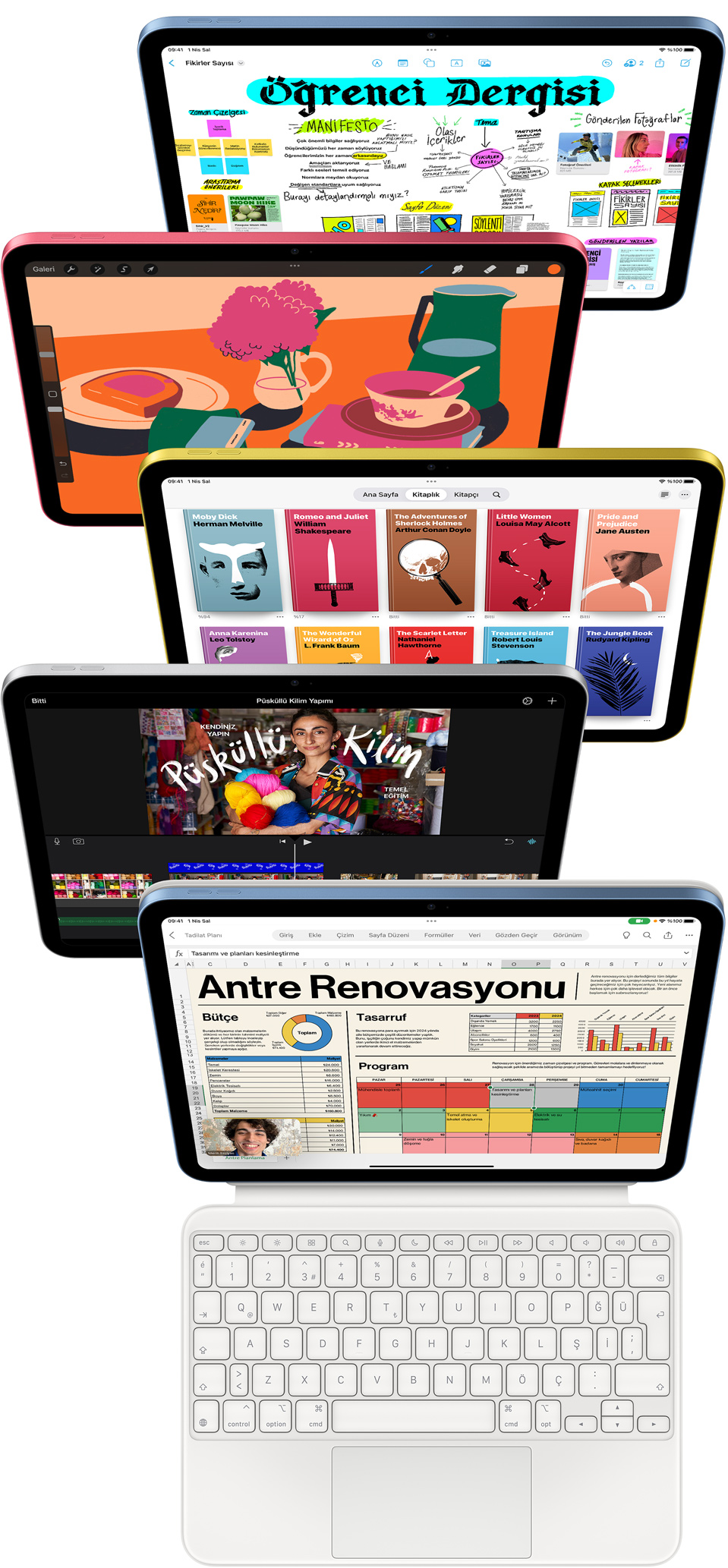 ?n yüzleri g?rünen iPad ekranlar?nda Freeform, ProCreate, Apple Books, iMovie ve Microsoft Excel ile Webex Meetings gibi ?e?itli uygulamalar g?steriliyor.
