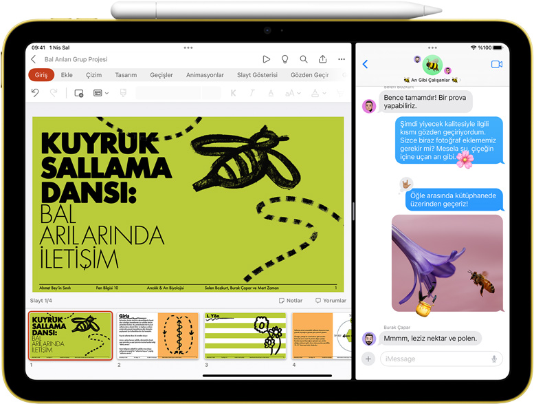 Apple Pencil’?n manyetik olarak yap??m?? oldu?u iPad’de Split View ile a??lm?? Powerpoint ve Mesajlar.