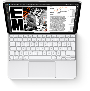 iPad Pro ile iPad Pro i?in beyaz renkte Magic Keyboard’un tepeden g?rünümü.