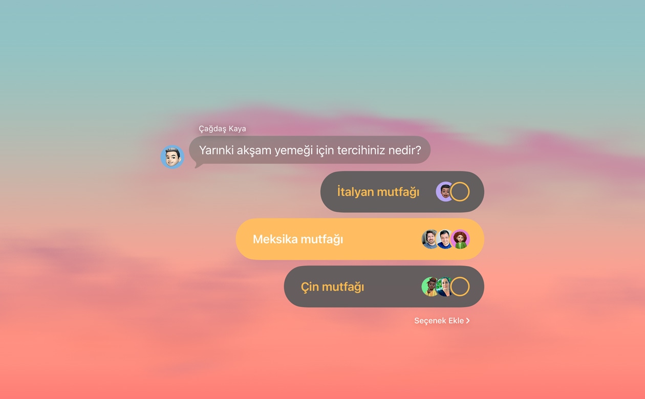 Mesajlar’daki oylama ve arka plan ?zellikleri g?rülüyor, grup sohbetindeki ki?iler ak?am yeme?inde ne yenece?ini oyluyor