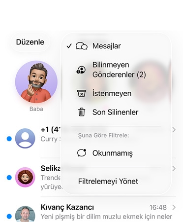Bilinmeyen numaralar? ?imdi Bilinmeyen G?nderenler adl? bir b?lümde filtreleyen yeni tarama ara?lar? ?zelli?ini g?steren Mesajlar uygulamas?
