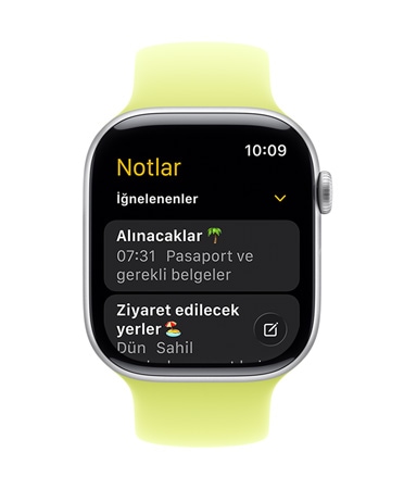 ?akay?k rengi ?rgü kay??a sahip Gümü? rengi Apple Watch'un kadran?nda Notlar uygulamas? ve iki adet ??nelenmi? not g?rünüyor