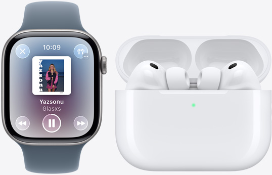 Apple Watch Series 11, Apple Music uygulamas?, ?u an ?al?nan, AirPods Pro 3, beyaz, kulakl?k, silikon kulakl?k u?lar?, mikrofon, MagSafe ?arj kutusu, a??k, k??eleri yuvarlat?lm??