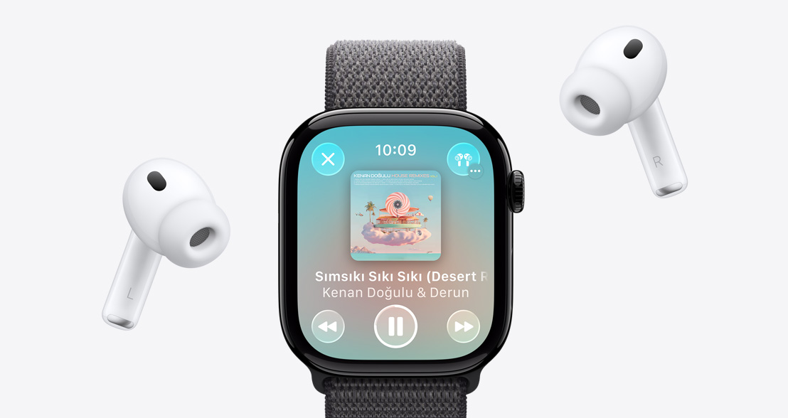 AirPods Pro 3, beyaz, silikon kulakl?k u?lar?, Apple Watch Series 11, alüminyum kasa, parlak Simsiyah renk, Apple Music ?al?yor