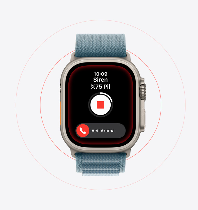 Apple Watch Ultra 3, titanyum kasa, natürel renk, Siren etkin, Acil arama dü?mesi