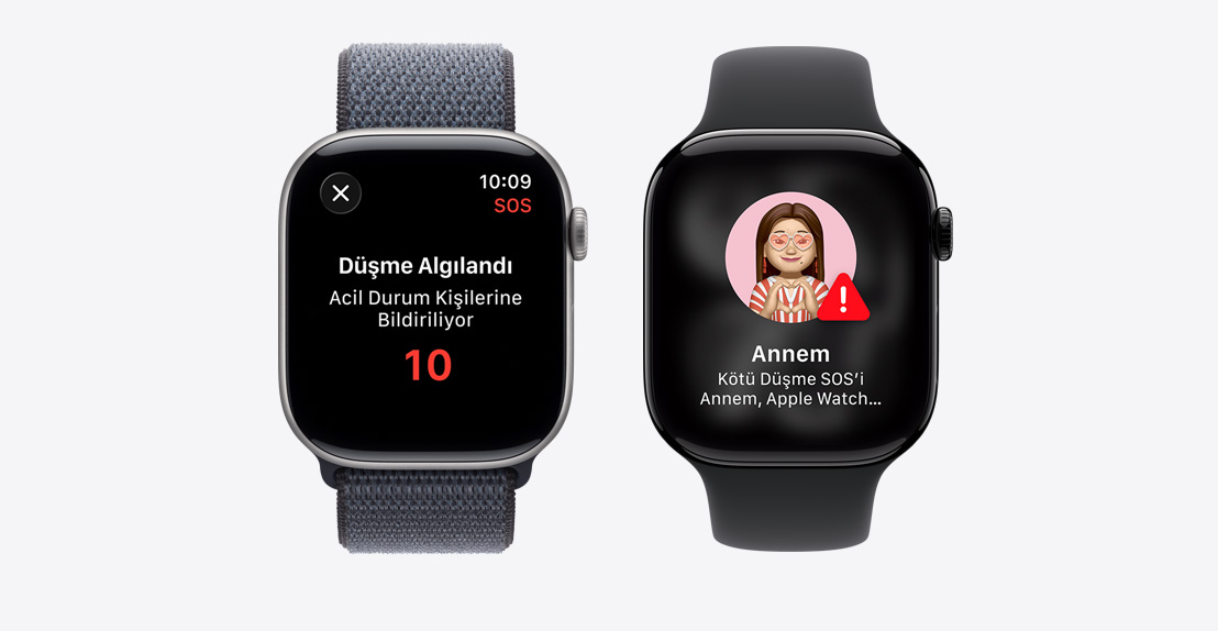 Apple Watch Series 11, Trafik Kazas? Alg?lama bildirimi, Acil Arama dü?mesi, ikincisinde “Anne”nin sert bir ?ekilde dü?tü?üne ve acil servisin arand???na ili?kin bir bildirim ekran? g?steriliyor