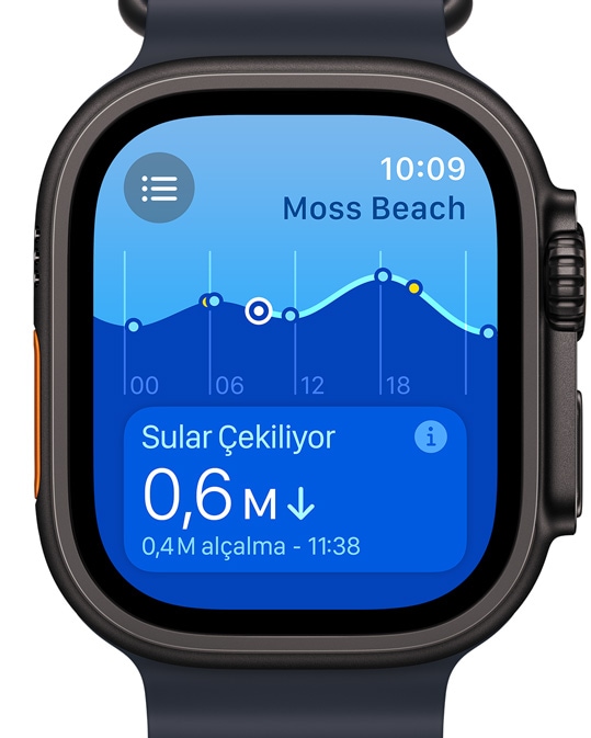 Apple Watch Ultra ekran?nda yeni Gelgit uygulamas? g?steriliyor.