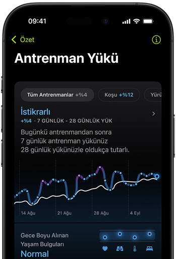 Son de?erlendirilen antrenmandan Antrenman Yükü ?l?ümlerini g?steren bir iPhone ekran?. 