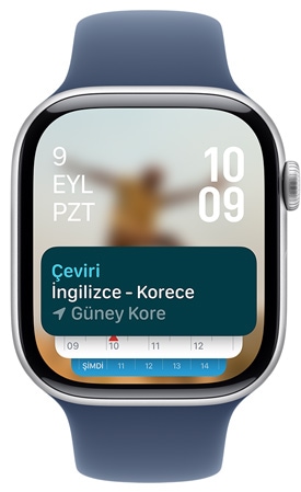 Ak?ll? Gruplama’da ?eviri uygulamas? ara? tak?m?n? g?steren bir Apple Watch ekran?.