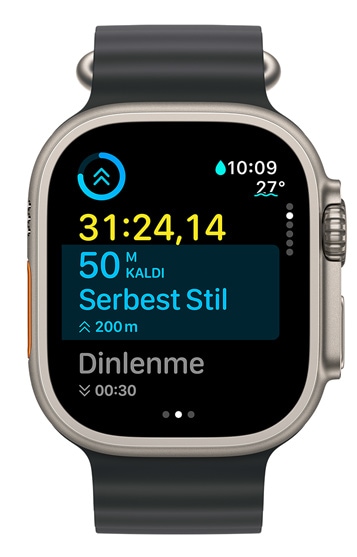 Bir Apple Watch Ultra ekran?, mevcut aral???n süresini ve ?zel antrenmanda geri kalan ?eyleri g?steriyor