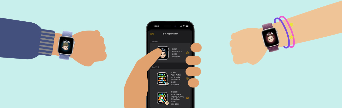 畫(huà)面左右兩側(cè)各有一隻戴著 Apple Watch 的手臂，兩隻手臂中間有一部 iPhone。