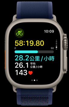 Apple Watch Ultra 2 展示使用者的騎行速度。