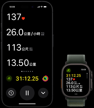 使用者的自行車測量指標同時出現(xiàn)在 Apple Ultra 2 與 iPhone 上的即時動態(tài)中。