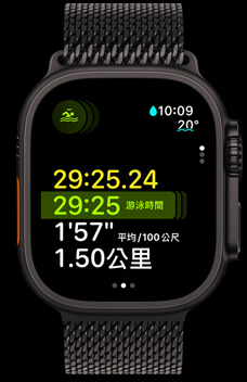 Apple Watch Ultra 2 顯示多運動訓練功能中的游泳持續(xù)時間、配速與距離。