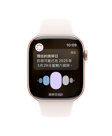 Apple Watch Series 10 搭配白色運(yùn)動(dòng)型錶帶的正面圖，介面展示排卵日及週期記錄