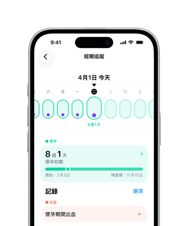 iPhone 展示健康 app 中的經(jīng)期追蹤功能，已設(shè)定為追蹤孕期里程碑