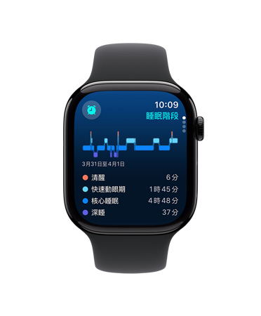 Apple Watch Series 10 搭配黑色運(yùn)動(dòng)型錶帶的正面圖，介面展示睡眠 app 中的睡眠階段、分析與睡眠時(shí)間