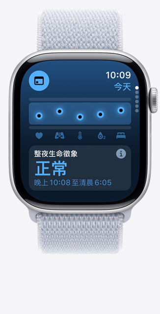 Apple Watch Series 10 的正面圖，螢?zāi)徽故旧缦?app 的畫面，顯示整夜健康測(cè)量指標(biāo)為正常
