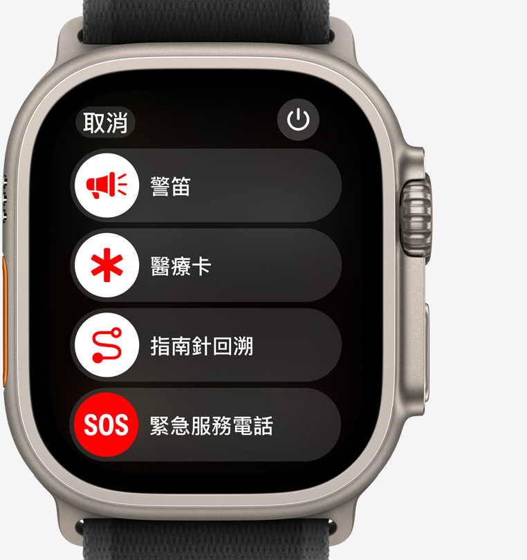 Apple Watch Ultra 2 的正面圖，顯示警笛、醫(yī)療卡、指南針回溯和緊急服務(wù)電話按鈕。