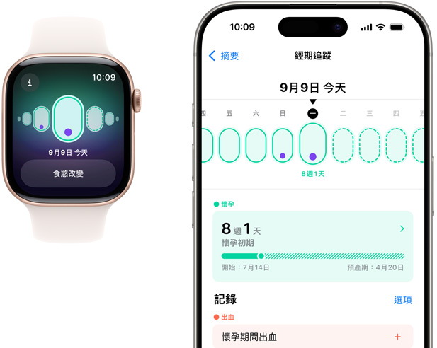 Apple Watch 螢?zāi)伙@示孕期追蹤資訊，癥狀為「食慾改變」。iPhone 螢?zāi)伙@示經(jīng)期追蹤 app 裡的懷孕週期和孕期追蹤資訊。