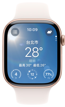 Apple Watch 螢?zāi)伙@示天氣 app。