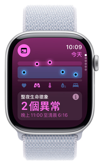 Apple Watch 螢?zāi)伙@示整夜生命徵象，有 2 項(xiàng)異常數(shù)值。